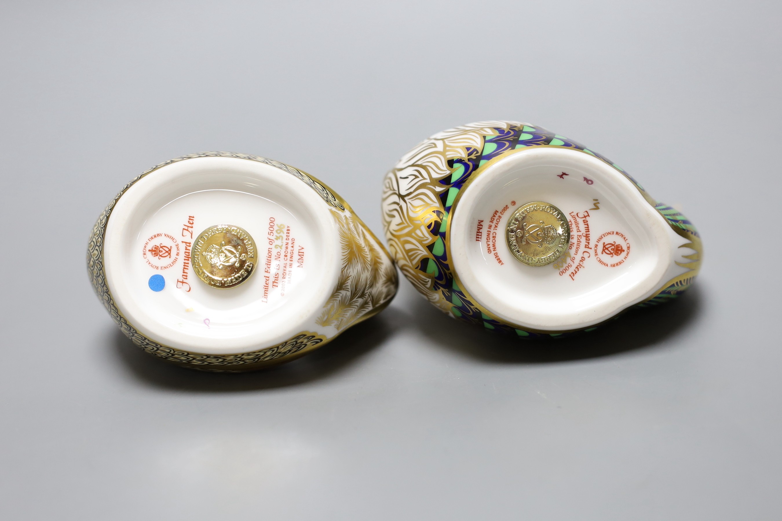 Two Royal Crown Derby paperweights - Farmyard Cockerel, gold stopper, boxed with certificate and Farmyard Hen, gold stopper, boxed with certificate